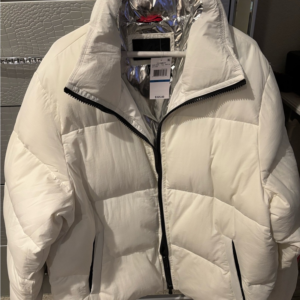White Quilted Puffer Jacket with High Collar
